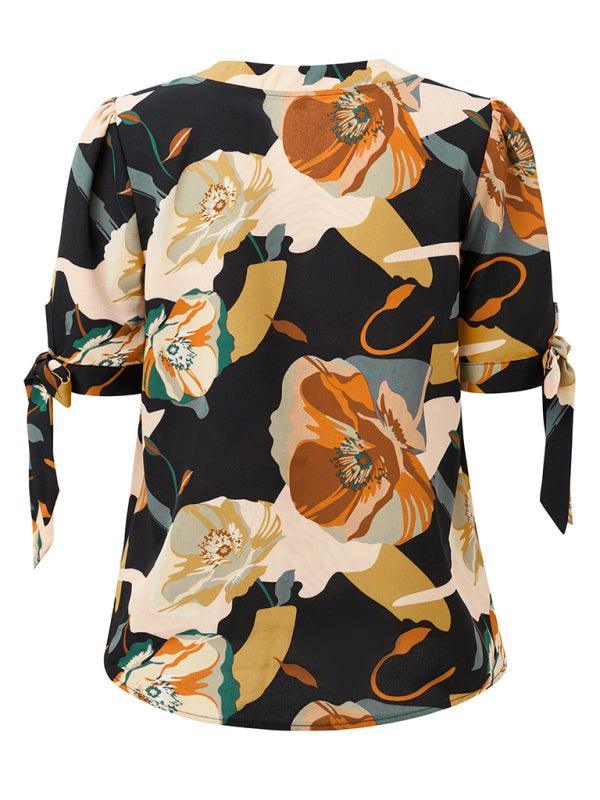 printed casual V-neck knotted top - 808Lush