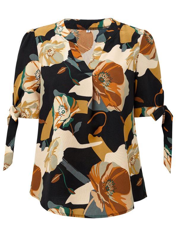 printed casual V-neck knotted top - 808Lush