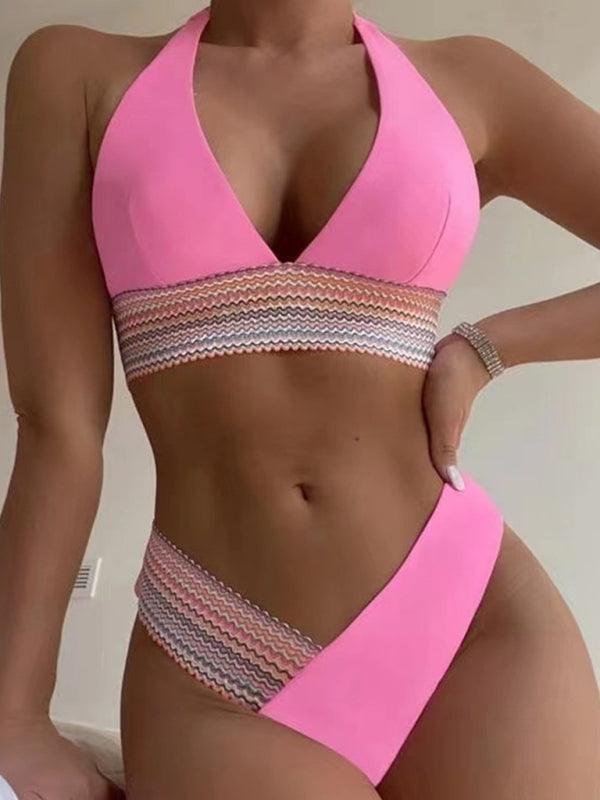 High Waist Swimsuit Color Block Web Sexy Push Up Bikini - 808Lush