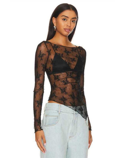 mesh sexy see-through small stand-up collar long-sleeved lace shirt - 808Lush
