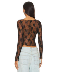 mesh sexy see-through small stand-up collar long-sleeved lace shirt - 808Lush