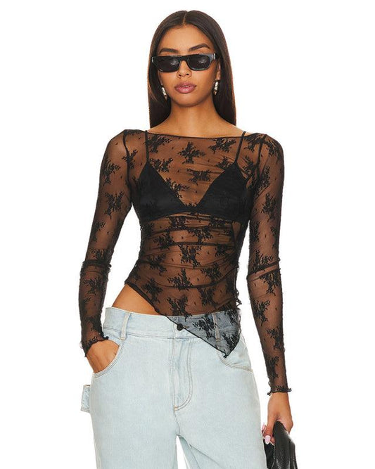 mesh sexy see-through small stand-up collar long-sleeved lace shirt - 808Lush
