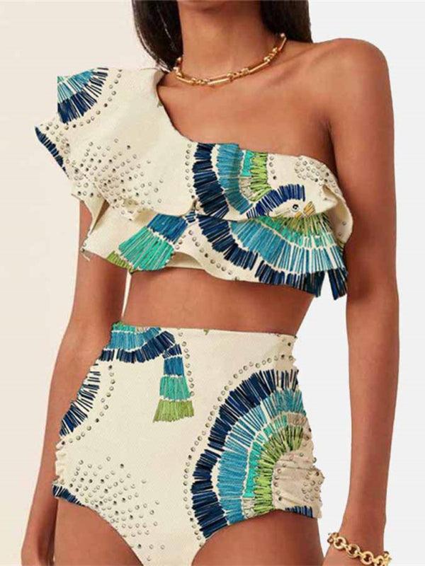 bikini double-layer large lotus leaf one-shoulder split swimsuit - 808Lush