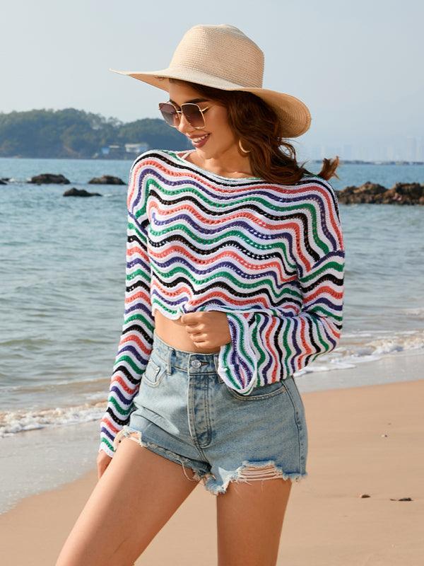 patchwork round neck striped bikini beach cover-up - 808Lush