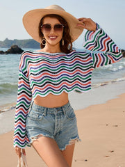 patchwork round neck striped bikini beach cover-up - 808Lush