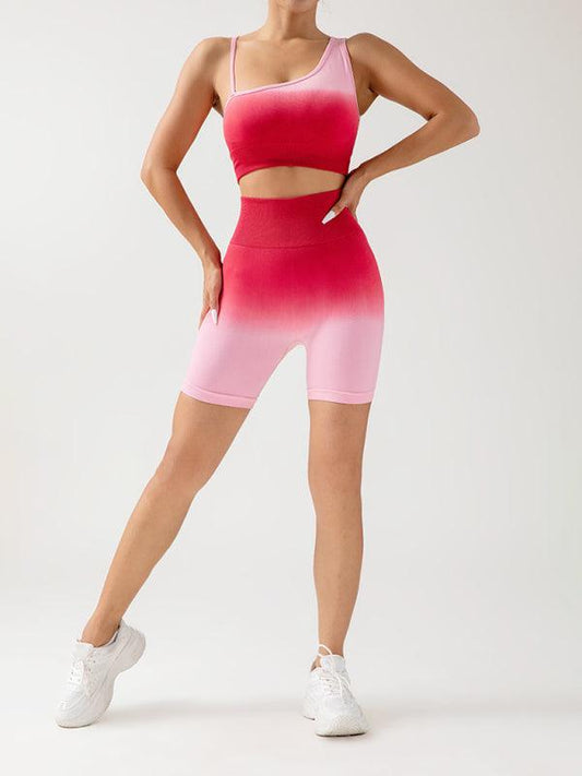 Women's gradient seamless breathable tight sports three-point yoga pants + top set - 808Lush