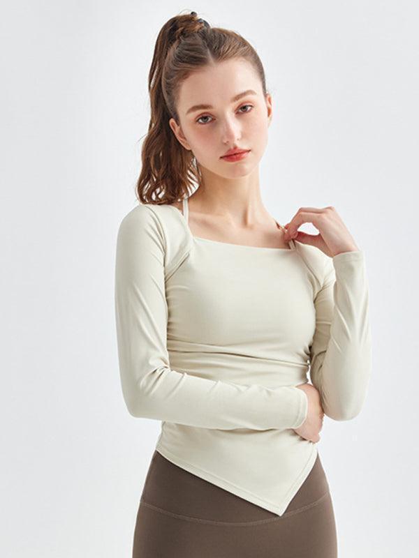 square collar irregular hem sports long-sleeved quick-drying running fitness yoga clothing - 808Lush