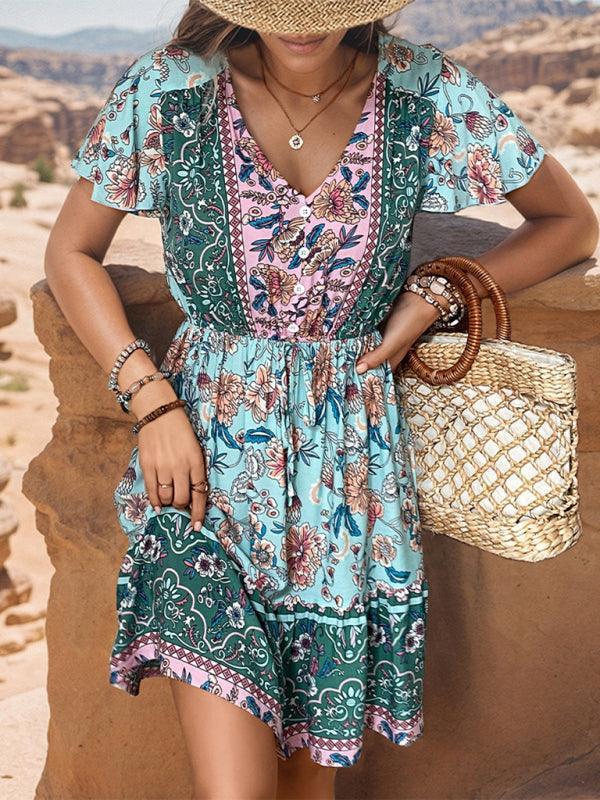 mini dress v-neck bohemian style dress - 808Lush