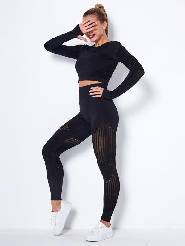 Seamless tight striped long-sleeved pants quick-drying yoga wear sportswear set - 808Lush