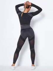 Seamless tight striped long-sleeved pants quick-drying yoga wear sportswear set - 808Lush