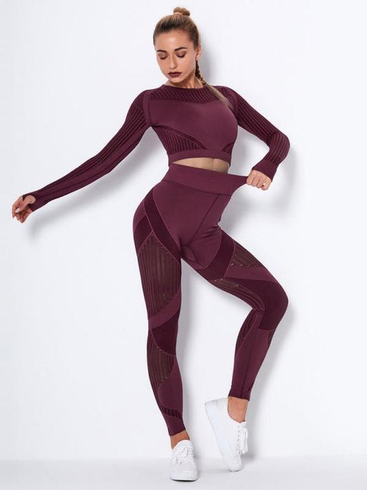 Seamless tight striped long-sleeved pants quick-drying yoga wear sportswear set - 808Lush