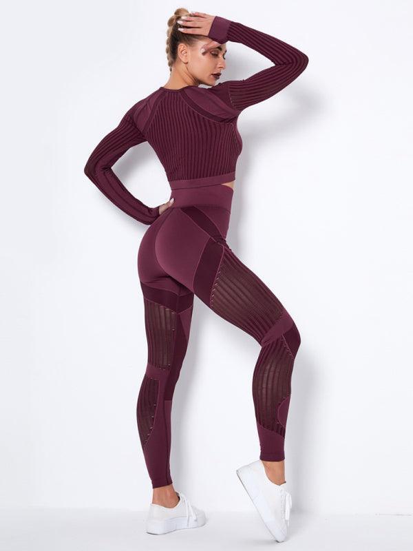 Seamless tight striped long-sleeved pants quick-drying yoga wear sportswear set - 808Lush