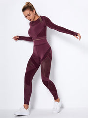 Seamless tight striped long-sleeved pants quick-drying yoga wear sportswear set - 808Lush