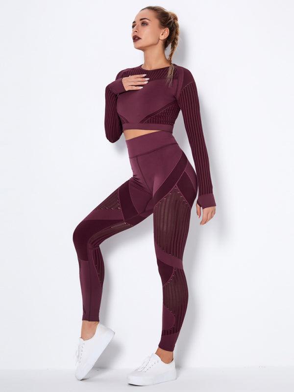 Seamless tight striped long-sleeved pants quick-drying yoga wear sportswear set - 808Lush