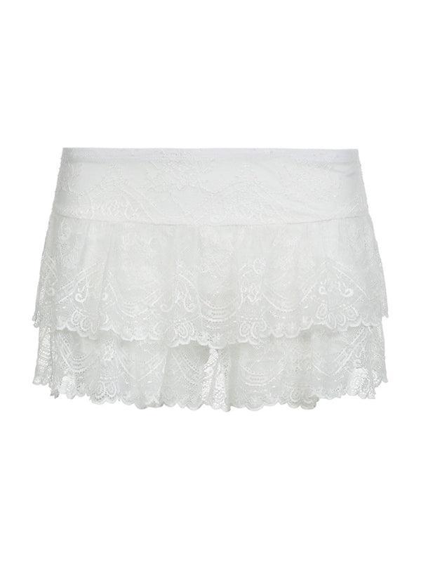 Women's solid color high waist stretch double layer lace cake skirt dance mini skirt pants - 808Lush