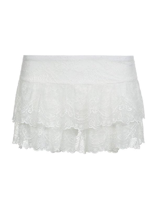 Women's solid color high waist stretch double layer lace cake skirt dance mini skirt pants - 808Lush