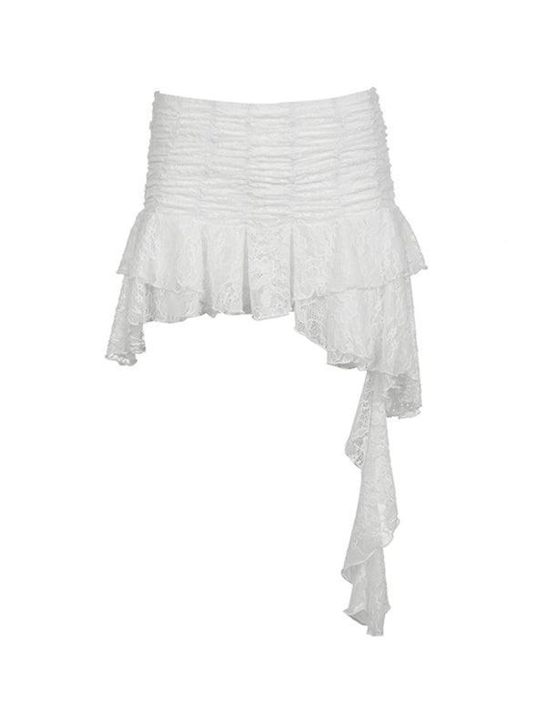 Smocked lace irregular skirt sexy ruffled ribbon solid color low waist hot girl skirt - 808Lush