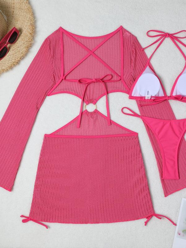 mesh hollow drawstring swimsuit bikini three-piece set - 808Lush