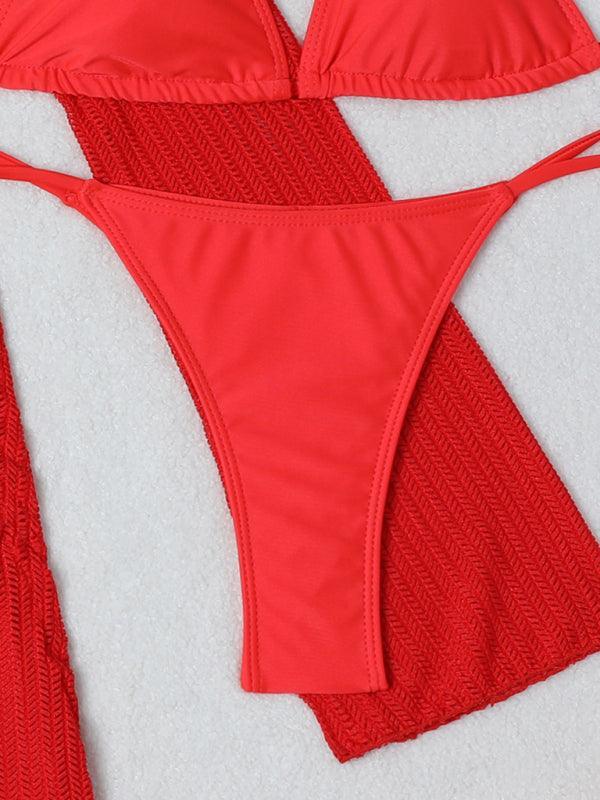 mesh hollow drawstring swimsuit bikini three-piece set - 808Lush