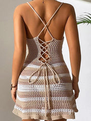 Sexy dress striped backless resort style suspender swimsuit cover skirt - 808Lush