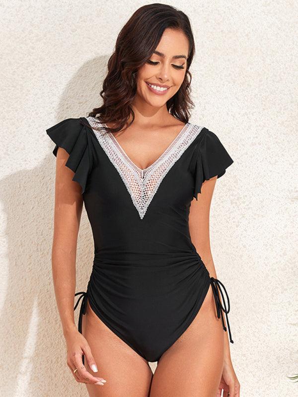 V-neck sexy flying sleeve one-piece swimsuit - 808Lush