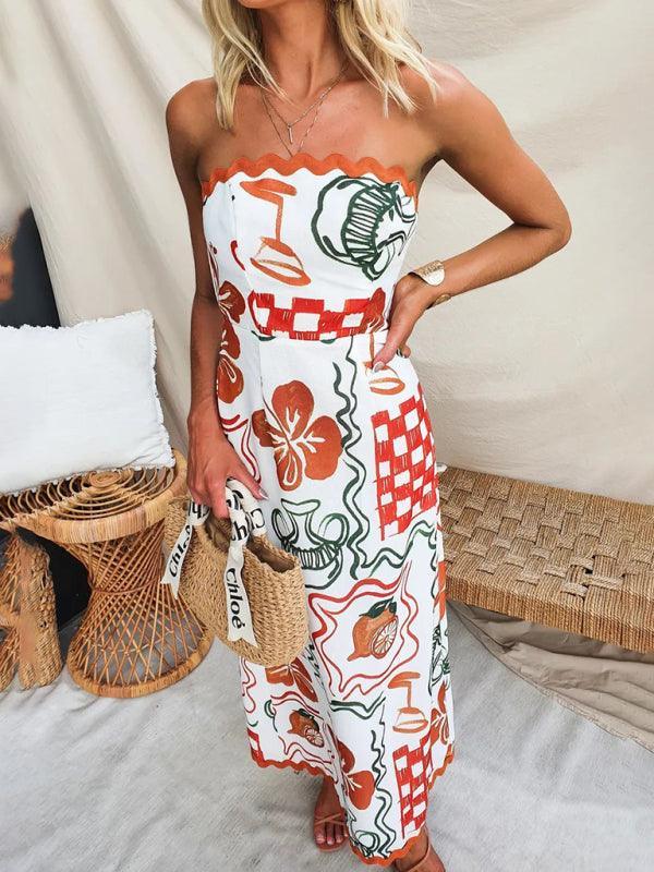 summer breast-wrapped pleated casual printed dress - 808Lush