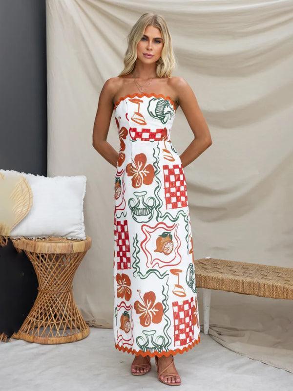 summer breast-wrapped pleated casual printed dress - 808Lush