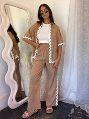 style comfortable and casual single-breasted lace splicing trousers and shirt suit - 808Lush