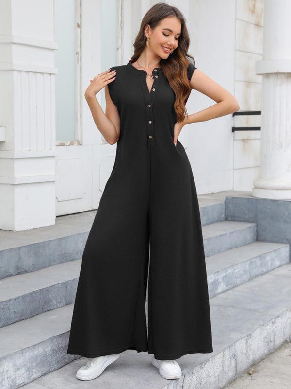 Casual Loose Pocket Breathable Wide Leg Pants Jumpsuit - 808Lush