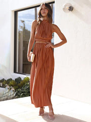 Women's fashion hot girl halter neck backless sexy strappy pleated long skirt suit - 808Lush