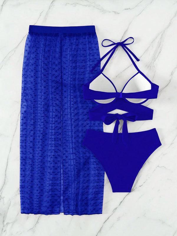 Solid color bikini sexy mesh skirt three-piece set - 808Lush