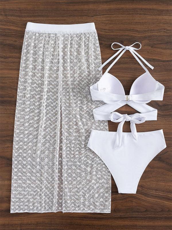 Solid color bikini sexy mesh skirt three-piece set - 808Lush