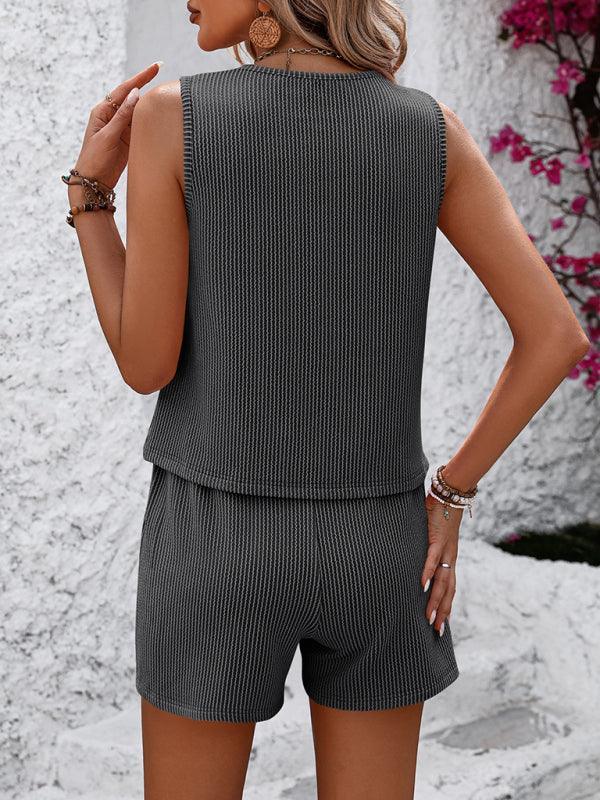 Women's sleeveless tank top shorts striped texture two-piece suit - 808Lush