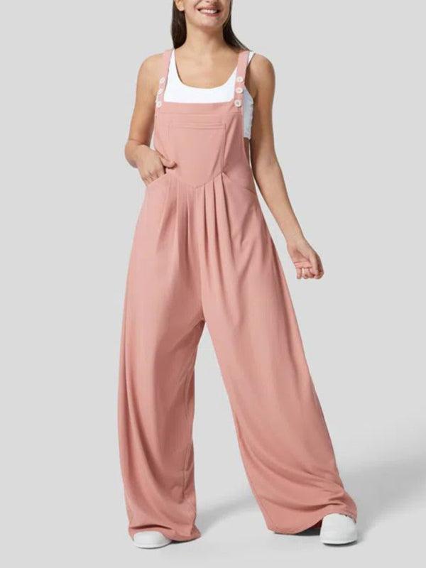 loose solid color button pocket overalls - 808Lush