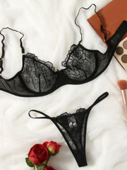 three-point thin hollow bra sexy underwear set - 808Lush