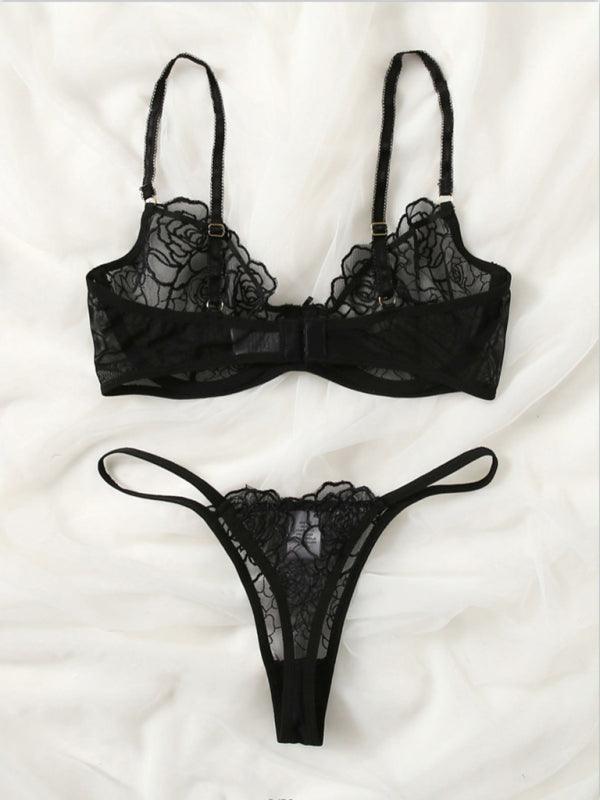 three-point thin hollow bra sexy underwear set - 808Lush