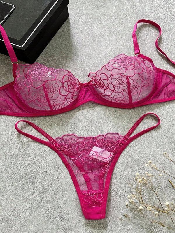 three-point thin hollow bra sexy underwear set - 808Lush