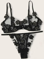 sexy and sweet mesh embroidered flower appliqué bra set - 808Lush