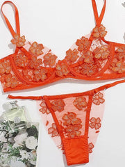 sexy and sweet mesh embroidered flower appliqué bra set - 808Lush