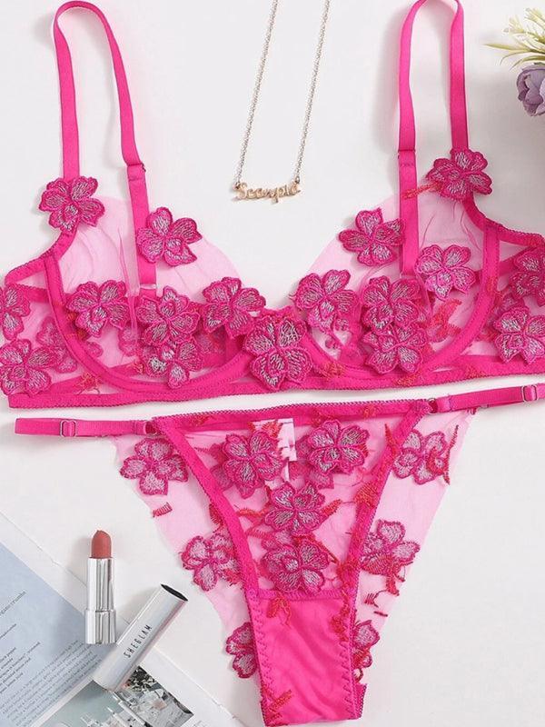 sexy and sweet mesh embroidered flower appliqué bra set - 808Lush