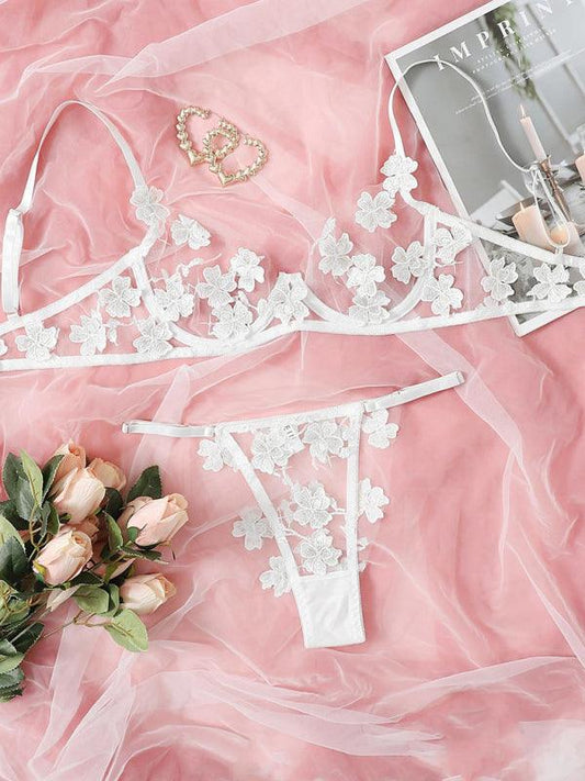 sexy and sweet mesh embroidered flower appliqué bra set - 808Lush