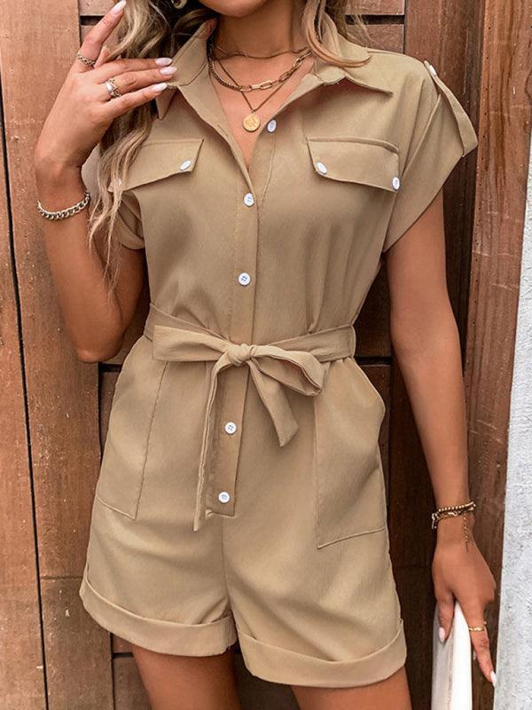 Lace Up High Waist Lapel Romper - 808Lush