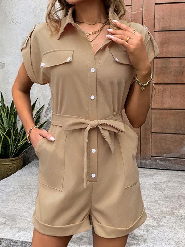 Lace Up High Waist Lapel Romper - 808Lush