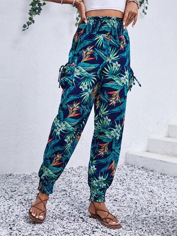 style casual work pants pocket tropical print trousers - 808Lush