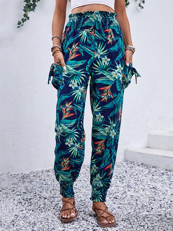 style casual work pants pocket tropical print trousers - 808Lush