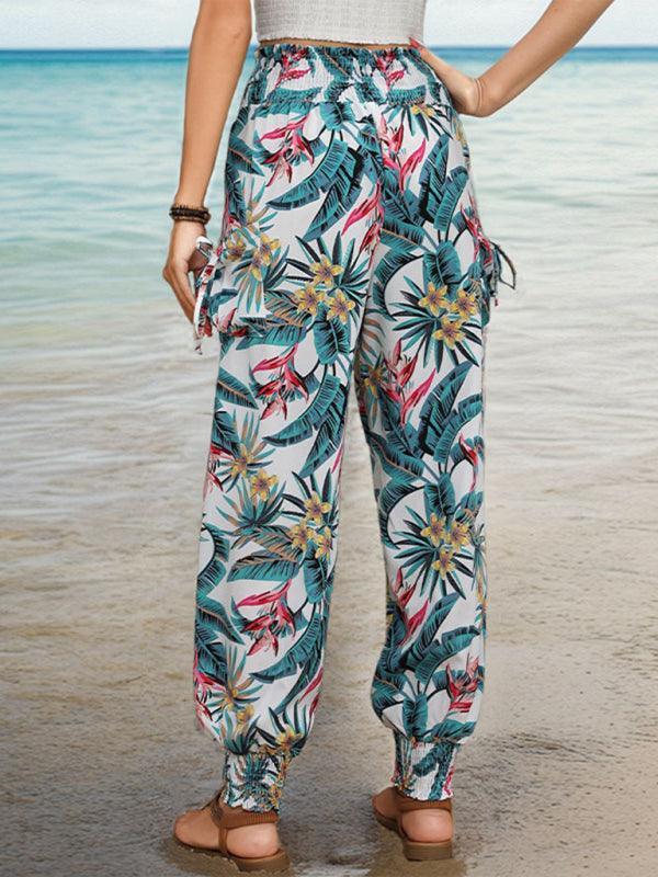 style casual work pants pocket tropical print trousers - 808Lush