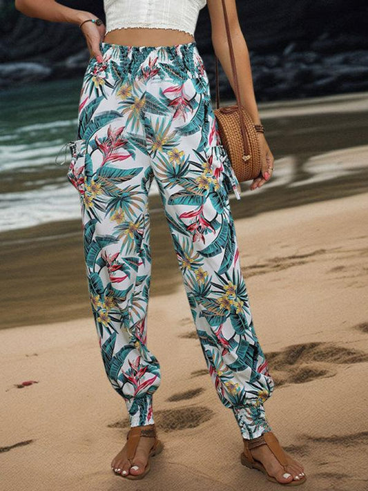 style casual work pants pocket tropical print trousers - 808Lush