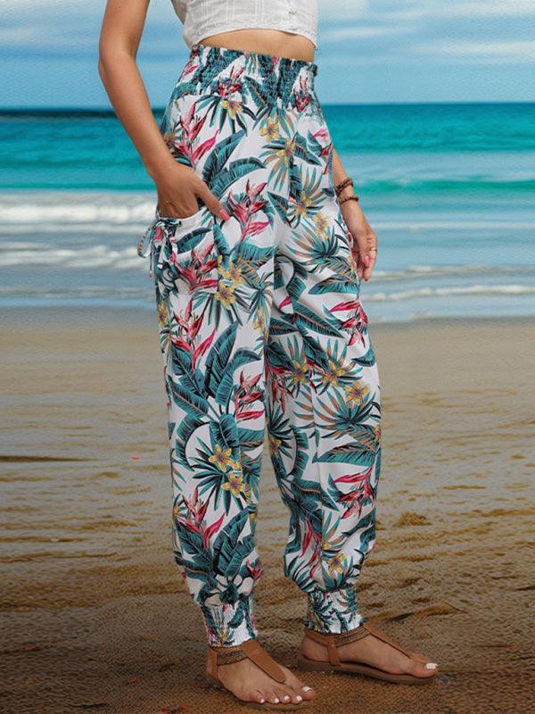 style casual work pants pocket tropical print trousers - 808Lush