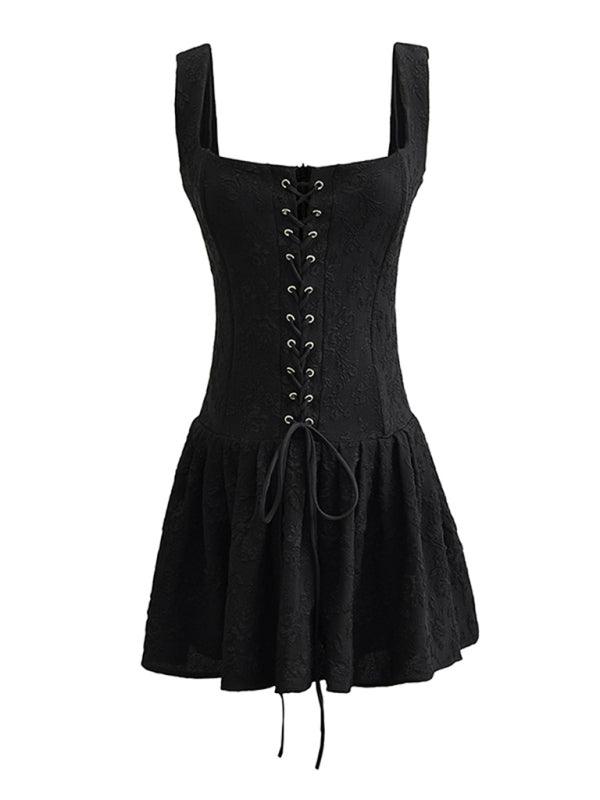 Sexy mini dress high-waisted low-cut embroidered short dress - 808Lush