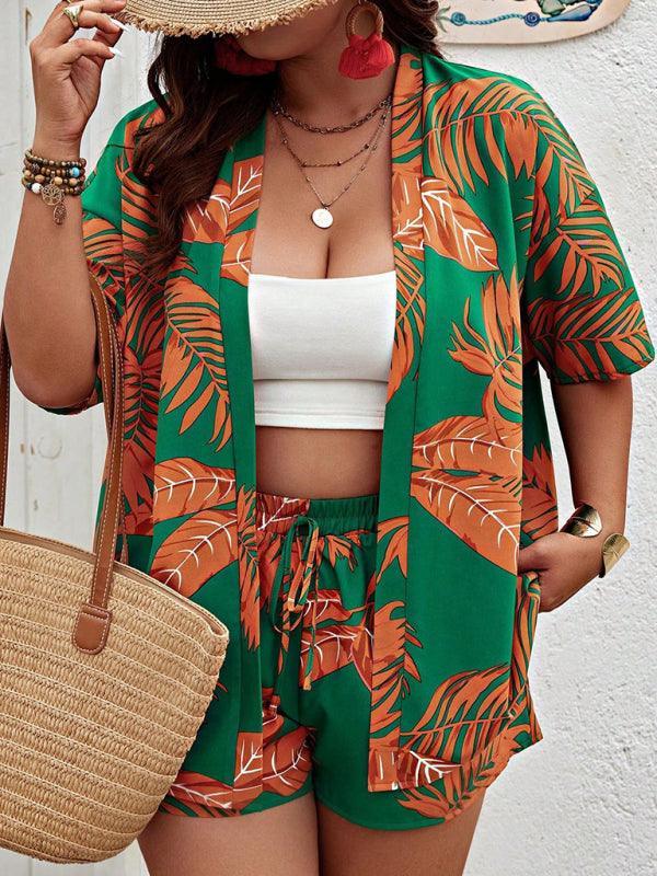 Fashionable printed casual resort style cardigan shorts suit - 808Lush